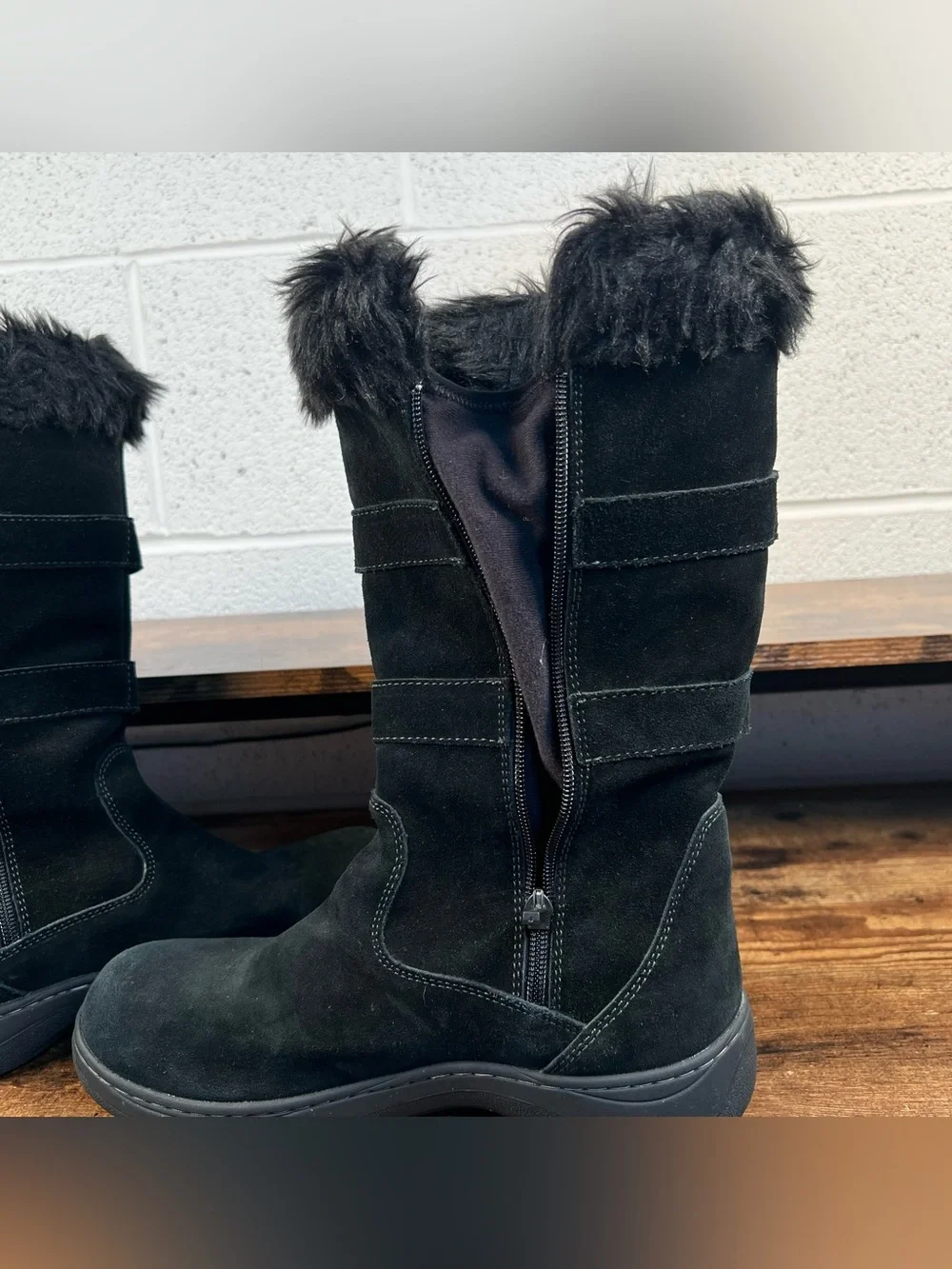 LL Bean Boots Waterproof Faux Fur Black Suede Primaloft Tall Winter Women's 9